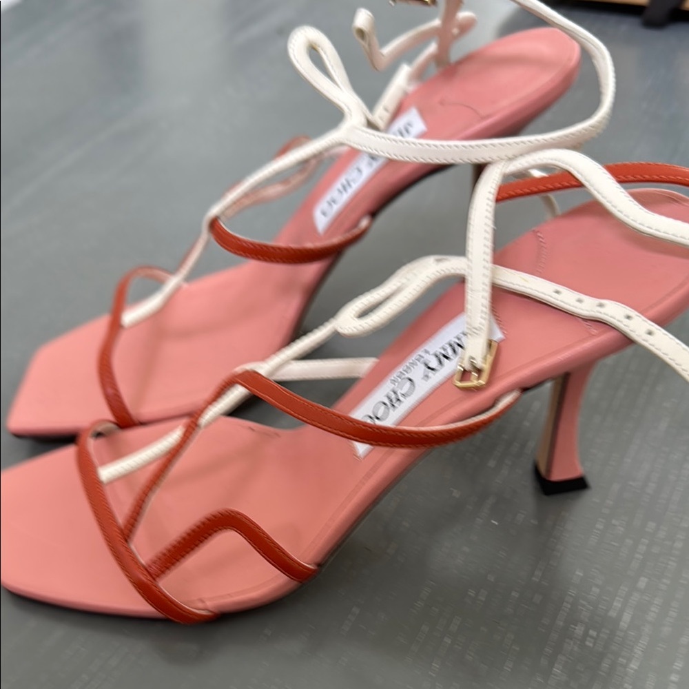HOLIDAY SALE Jimmy Choo Pink and White Heels with Strappy Design - Picture 2 of 6